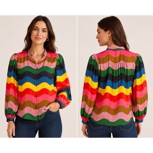 Boden Rainbow Wave Stripe Blouson Sleeve Blouse Top Multicolor US 6 NWT